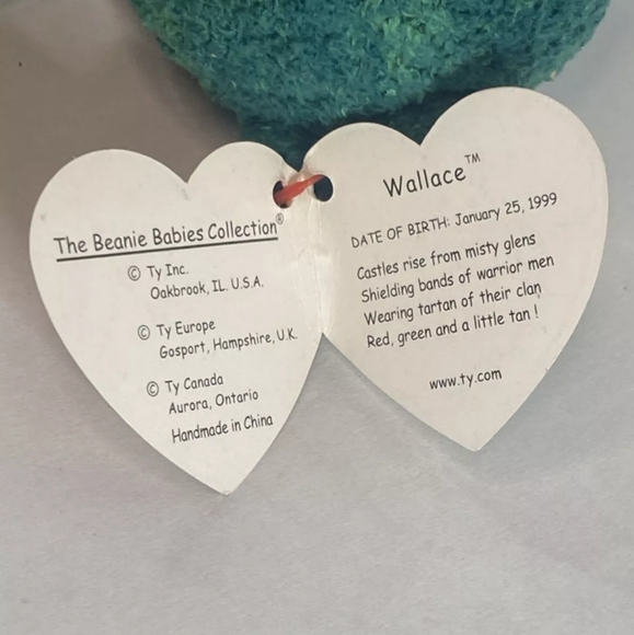 Vintage Ty Beanie Baby Wallace the Bear DOB January 25, 1999 Green With Scarf - Picture 10 of 14